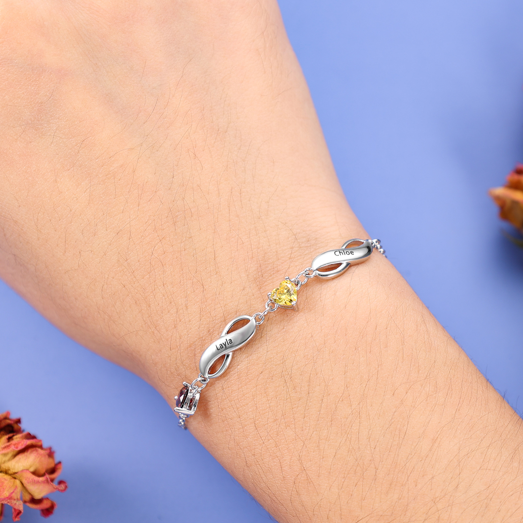 Infinity Bracelet with 5 Heart Shape Birthstones Family Bracelet for Mom