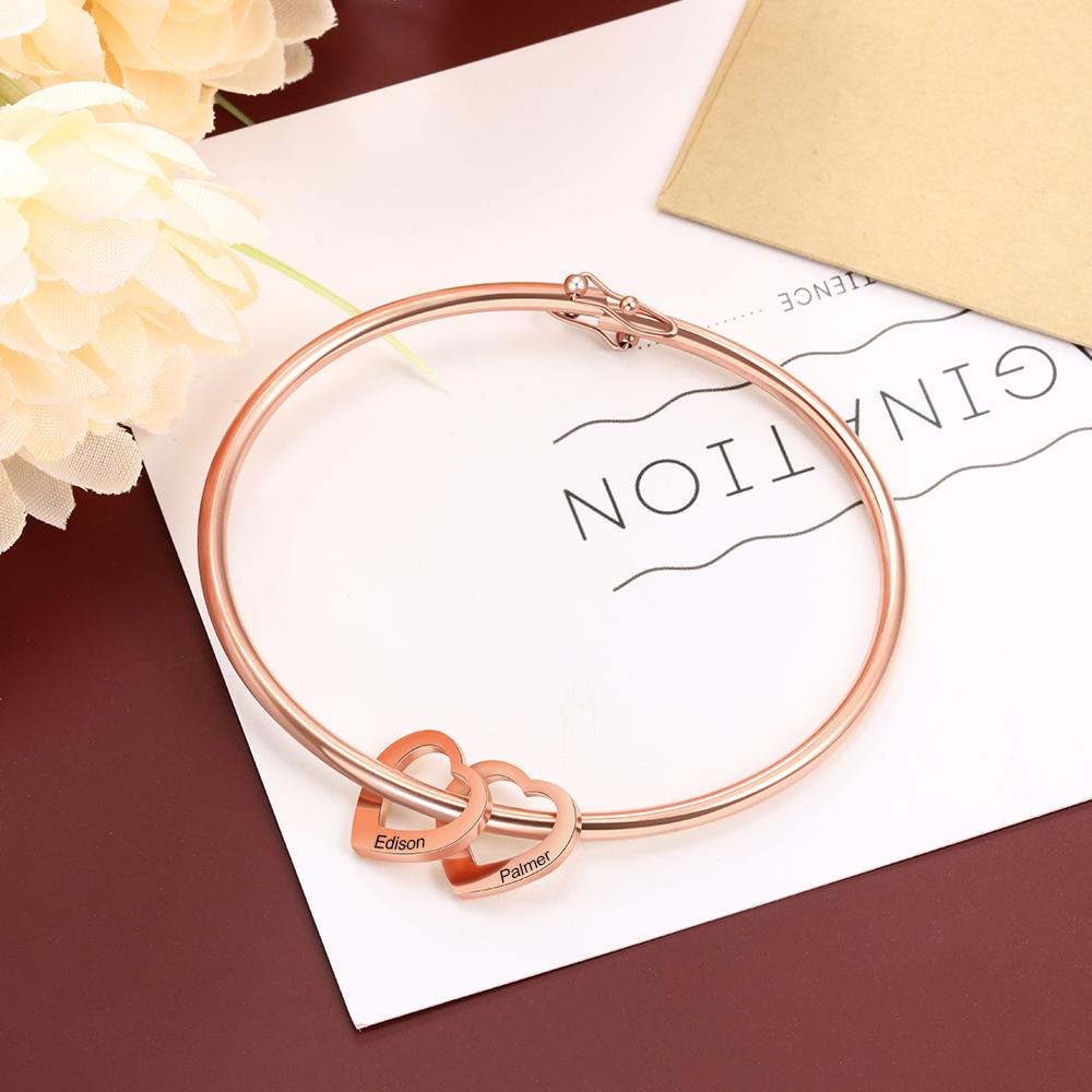 Personalized 2 Names Bracelet Heart Charms Bracelet Love Bangle Gifts for Her