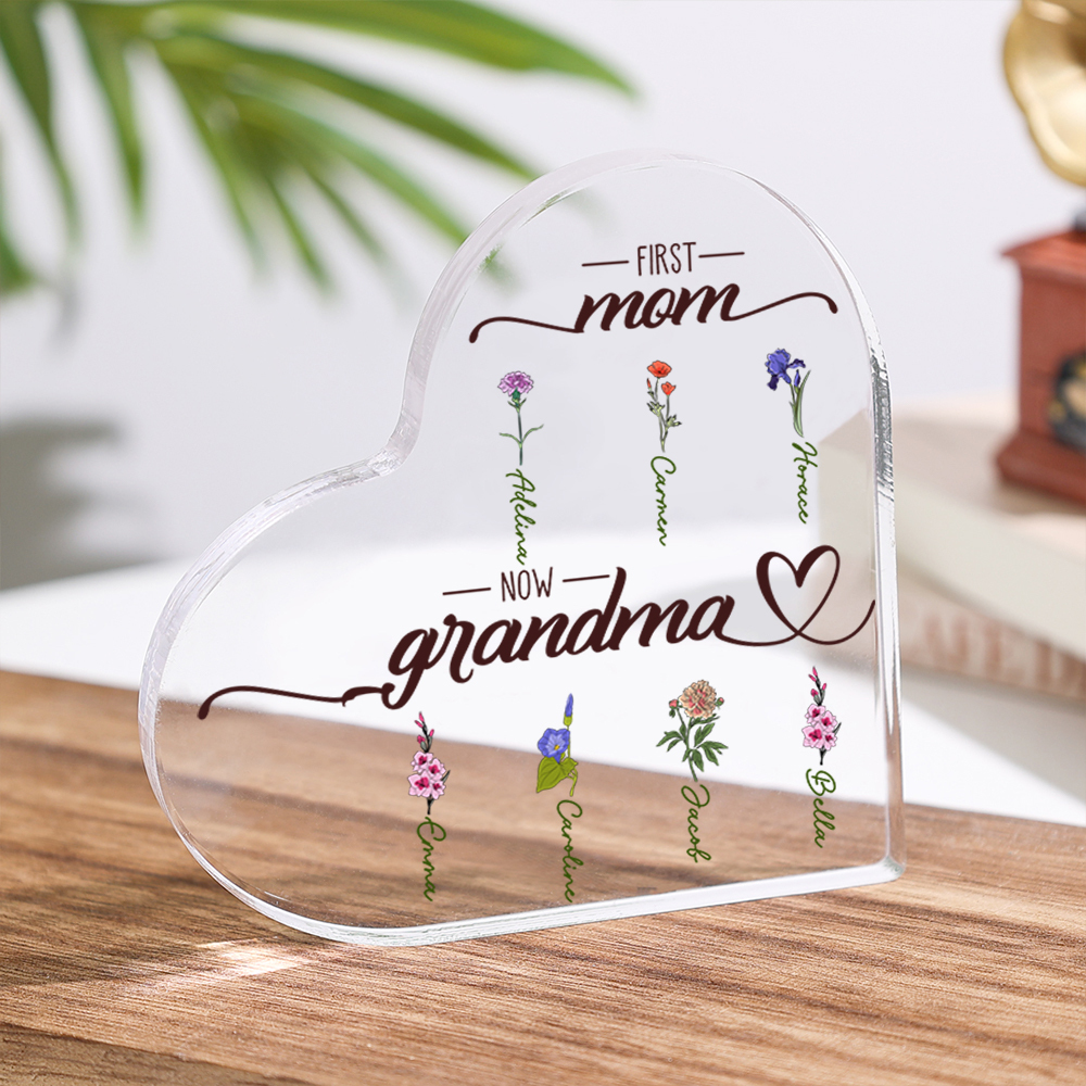 Personalized Acrylic Heart Keepsake Custom 2–10 Names & Birth Flowers Ornament Mother's Day Gift - First Mom, Now Grandma