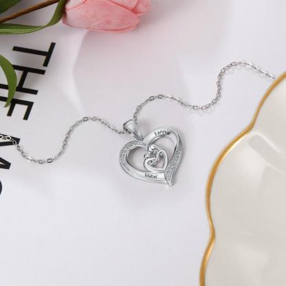Mother and Child Heart Necklace Engraved with 2 Names Love Necklace Sterling Silver