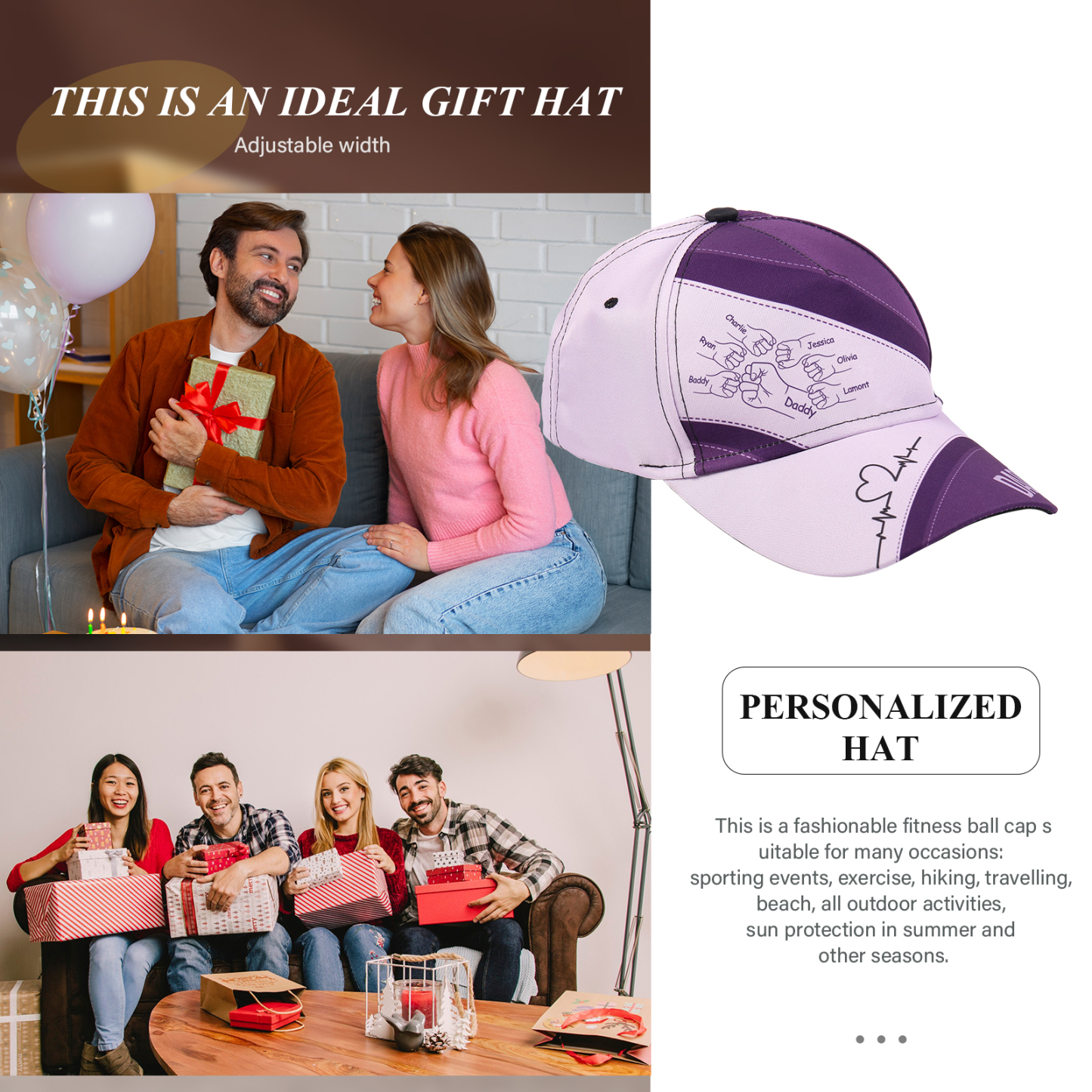 Personalized Fist Bump Classical Baseball Cap Custom 7 Names & 1 Text Snapback Adjustable Gift for Dad/Grandpa/Husband