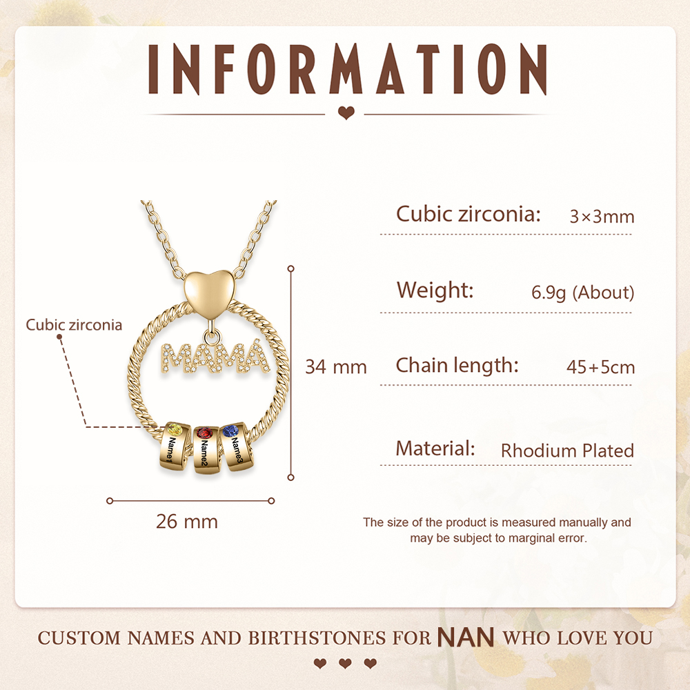 Collar con colgante de "MAMÁ" con 3 nombres Y 3 piedras de nacimiento personalizados | Jessemade