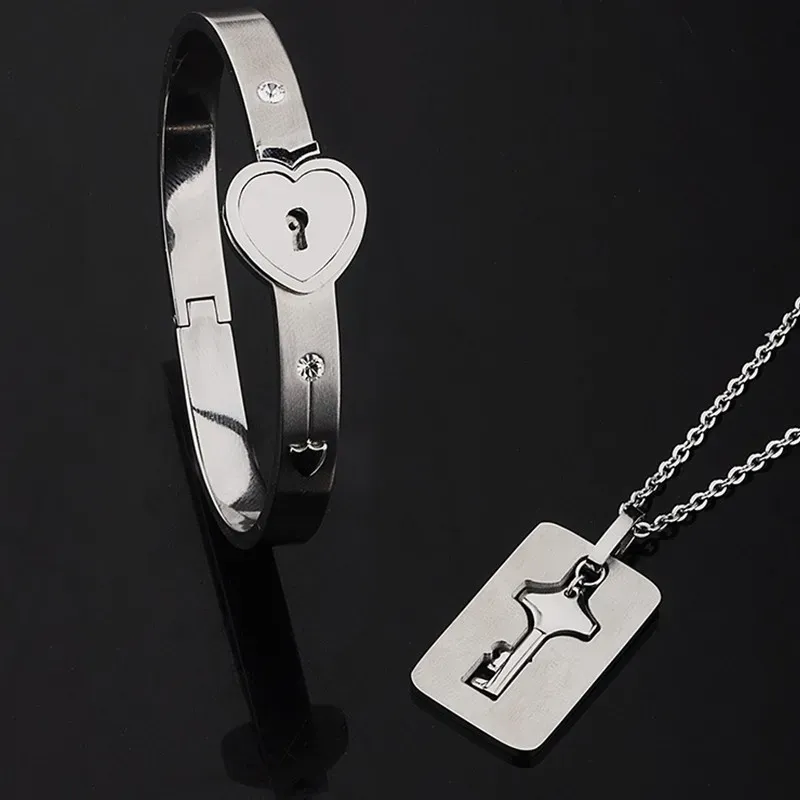 Key to My Heart Couple Key Necklace and Love Lock Bracelet Set
