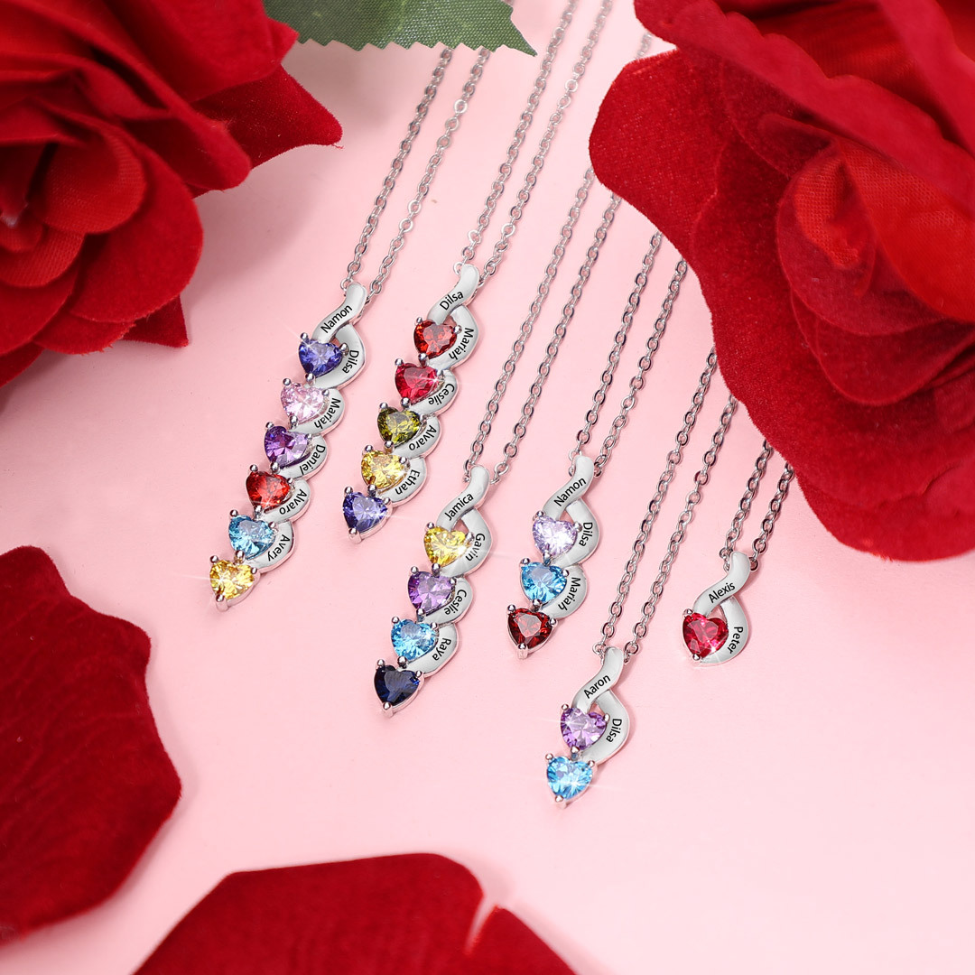 Custom Heart Birthstone Jewelry Set Necklace Bracelet for Family Personalized with 2 Names 2 Birthstones