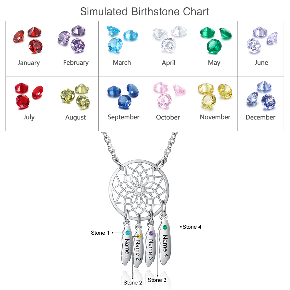 Personalized Dream Catcher Necklace with 4 Birthstones for Women