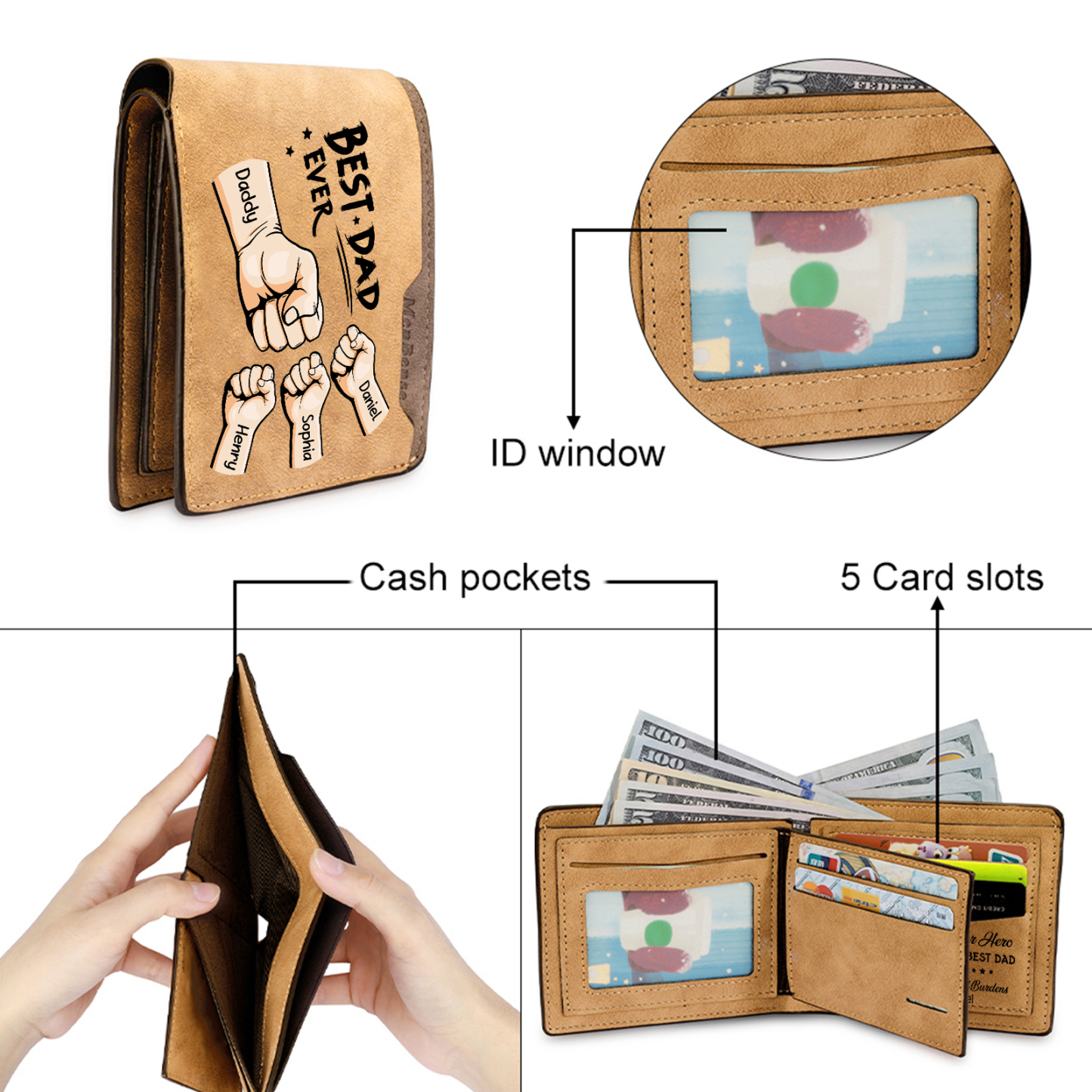 Best Dad Ever - Custom 4 Names & 1 Text Billfold Wallet Personalized Fist Bump Men's Leather Wallet