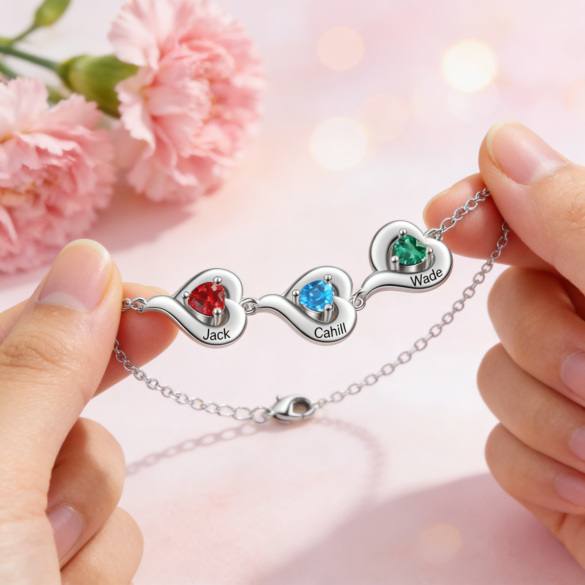 Personalized 1-5 Names Adjustable Heart Birthstone Bracelet