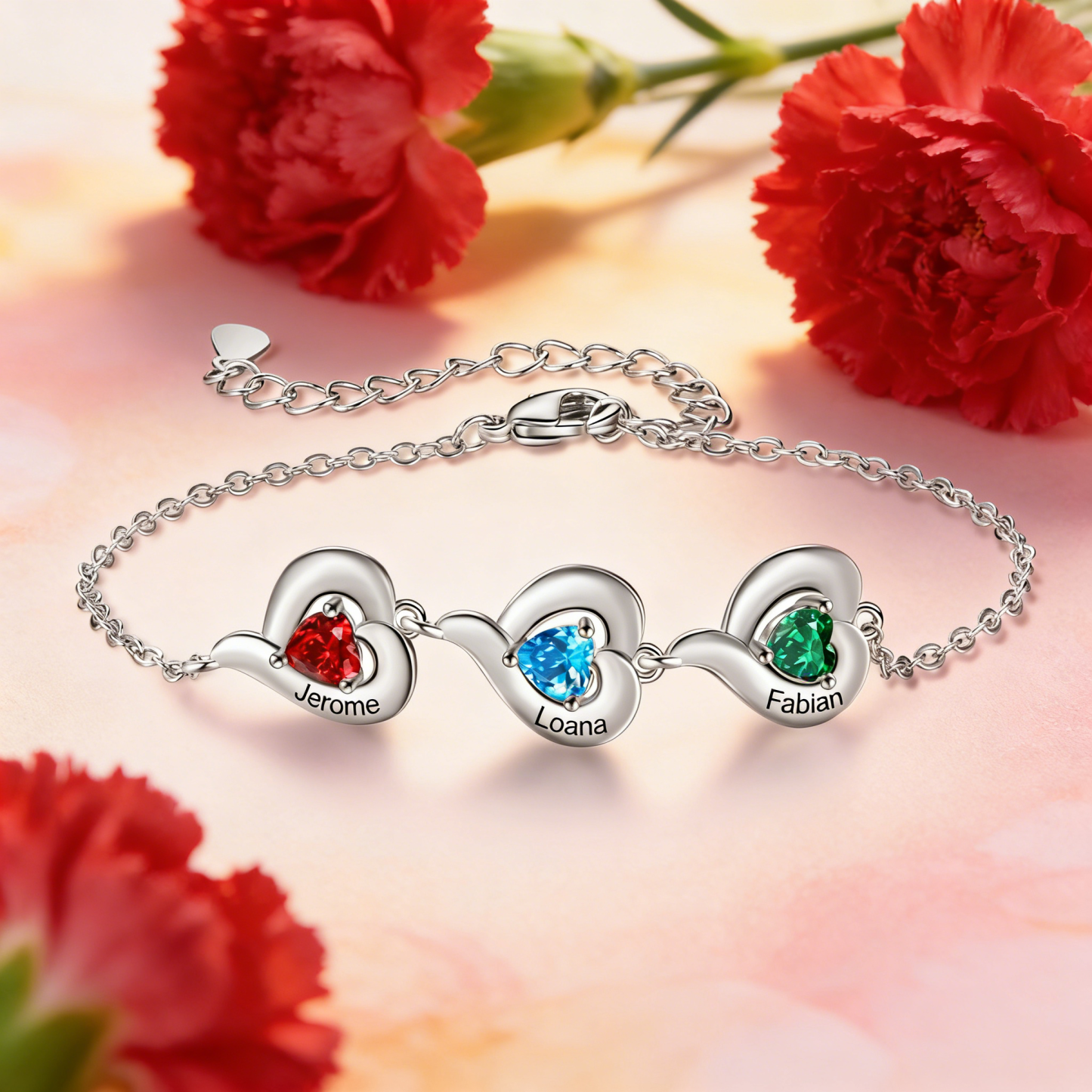 Personalized 1-5 Names Adjustable Heart Birthstone Bracelet