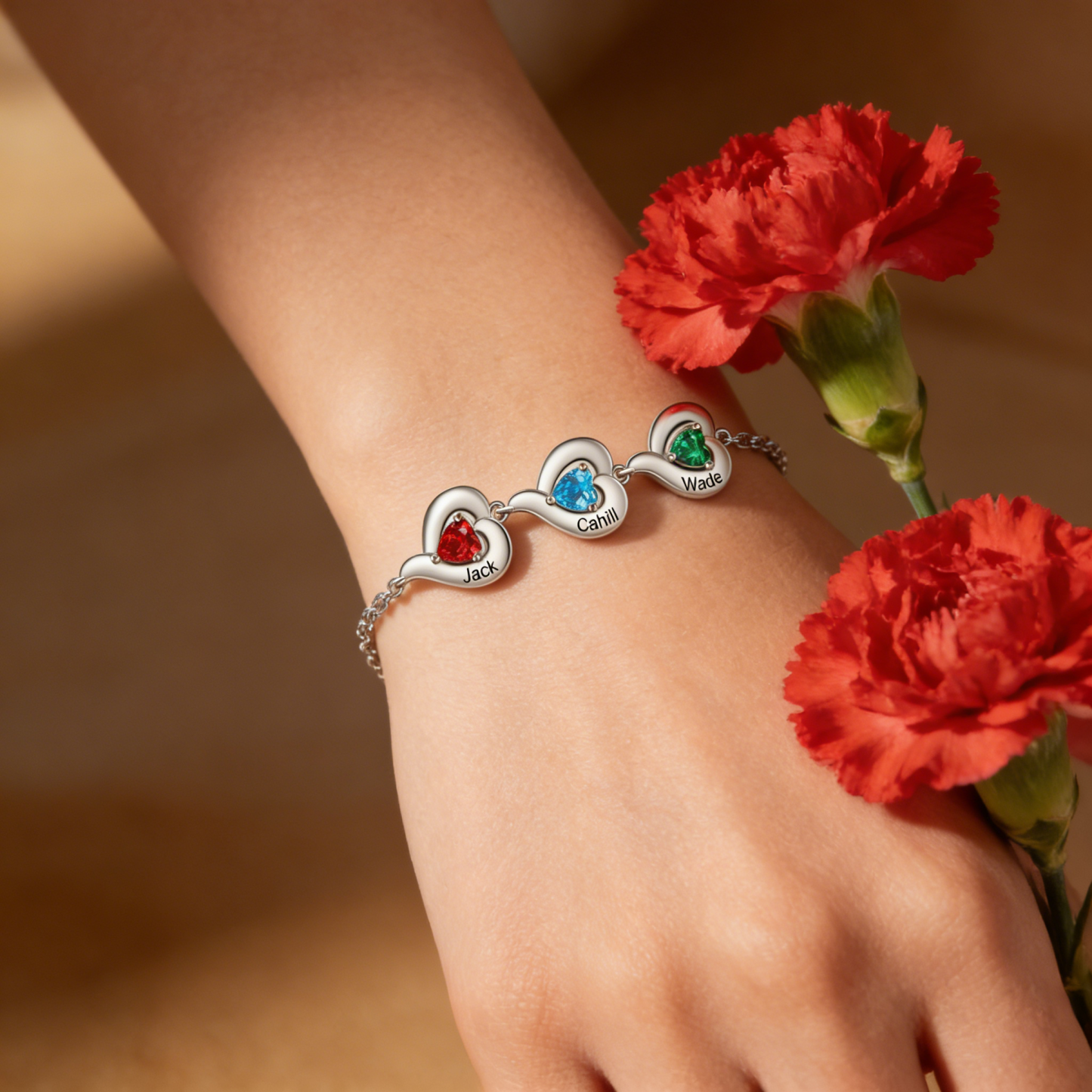 Personalized 1-5 Names Adjustable Heart Birthstone Bracelet