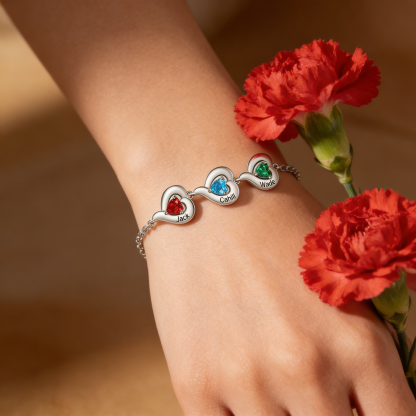Personalized 1-5 Names Adjustable Heart Birthstone Bracelet