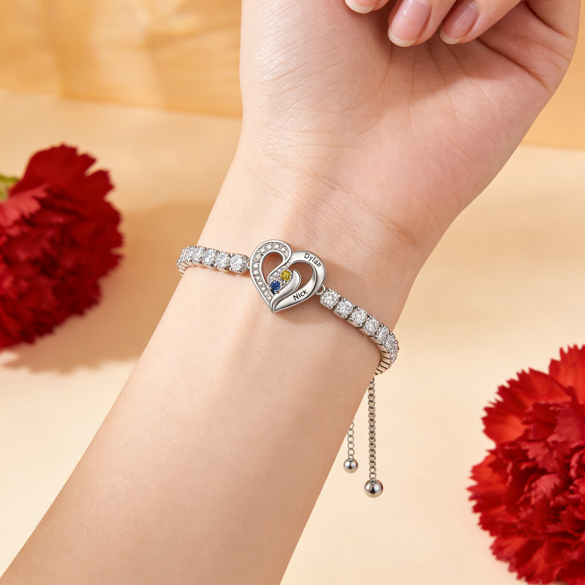 Personalized 2–5 Names Diamond Heart Birthstone Tennis Bracelet