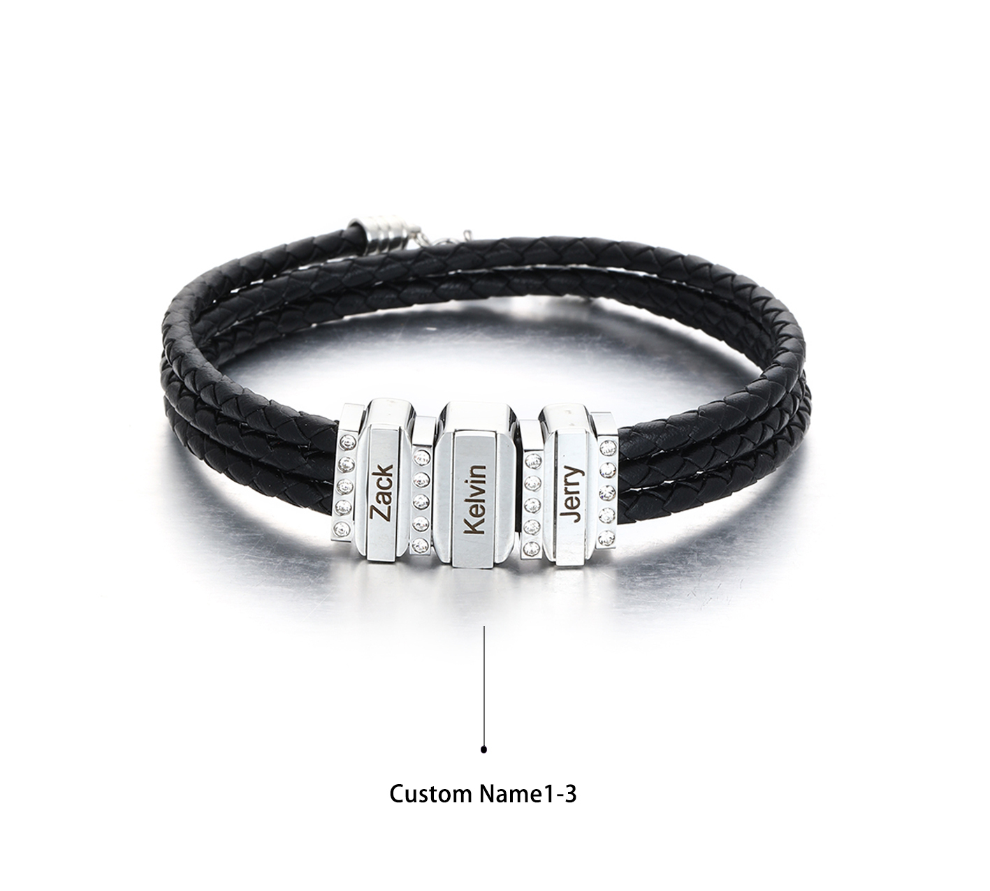 Personalized Mens Leather Bracelet Engraved 3 Names Three Layer Bracelet for Him