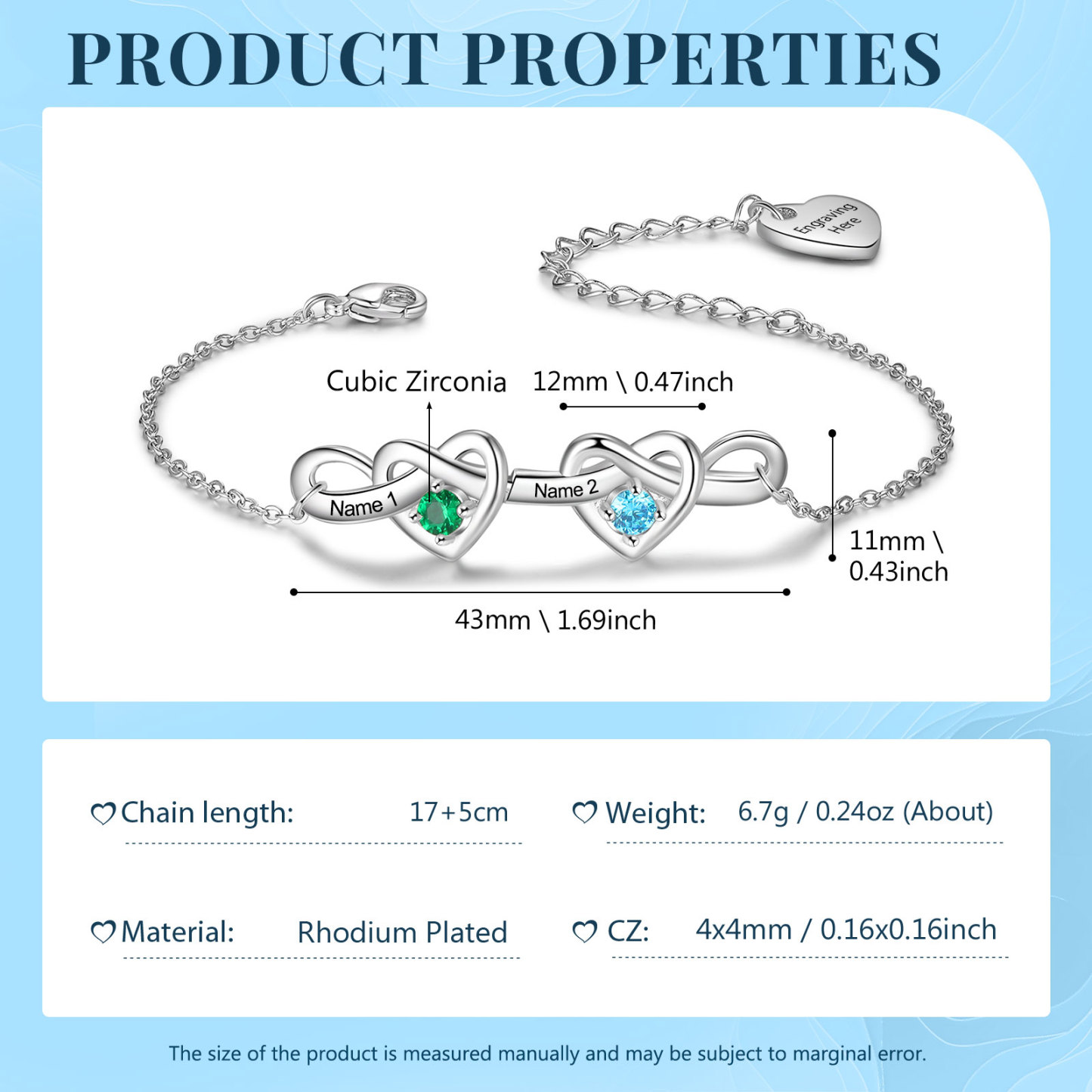 2 Names - Personalized Linked Heart Bracelet Custom Names & Birthstones & Text Bracelets Birthday Gift For Her- Mother's Day Gift for Mom/Grandma
