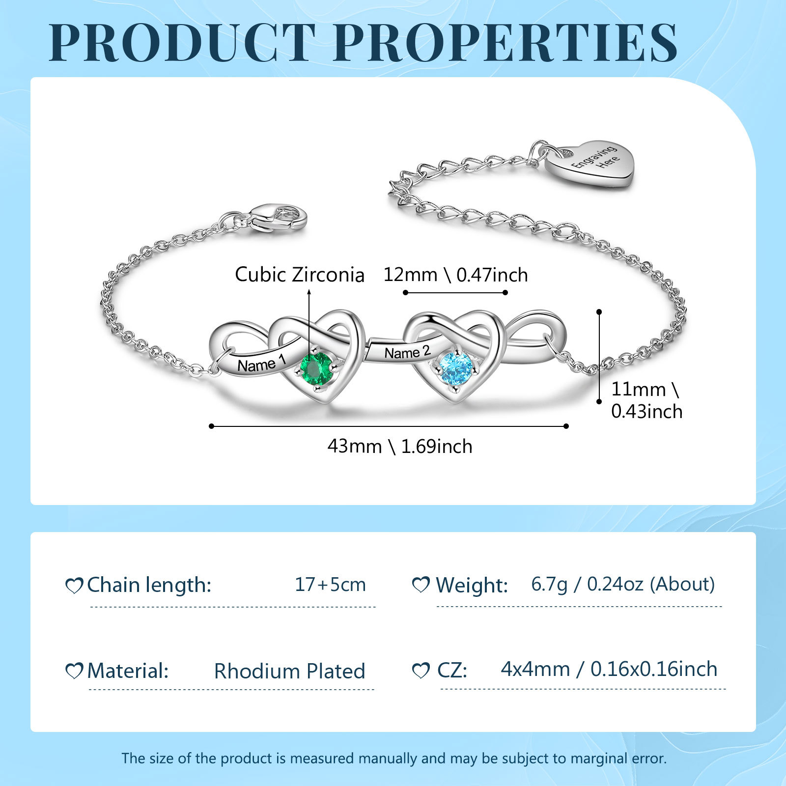 2 Names - Personalized Linked Heart Bracelet Custom Names & Birthstones & Text Bracelets Birthday Gift For Her- Mother's Day Gift for Mom/Grandma