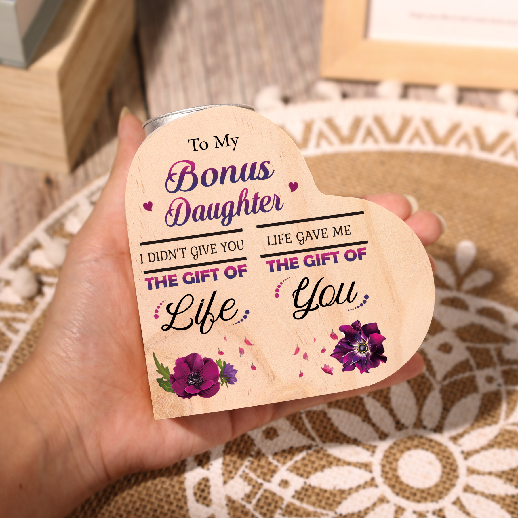To My Bonus Daughter Violet Flower Heart Candle Holder "Life Gave Me The Gift of You" Wooden Candlestick