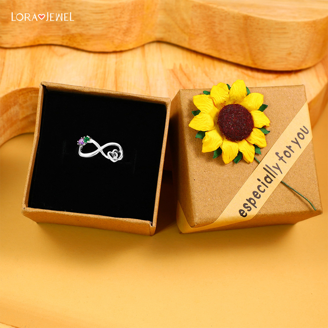 S925 Infinity Ring Double Heart Promise Ring Personalized with 2 Birthstones Engraved Sterling Silver Ring