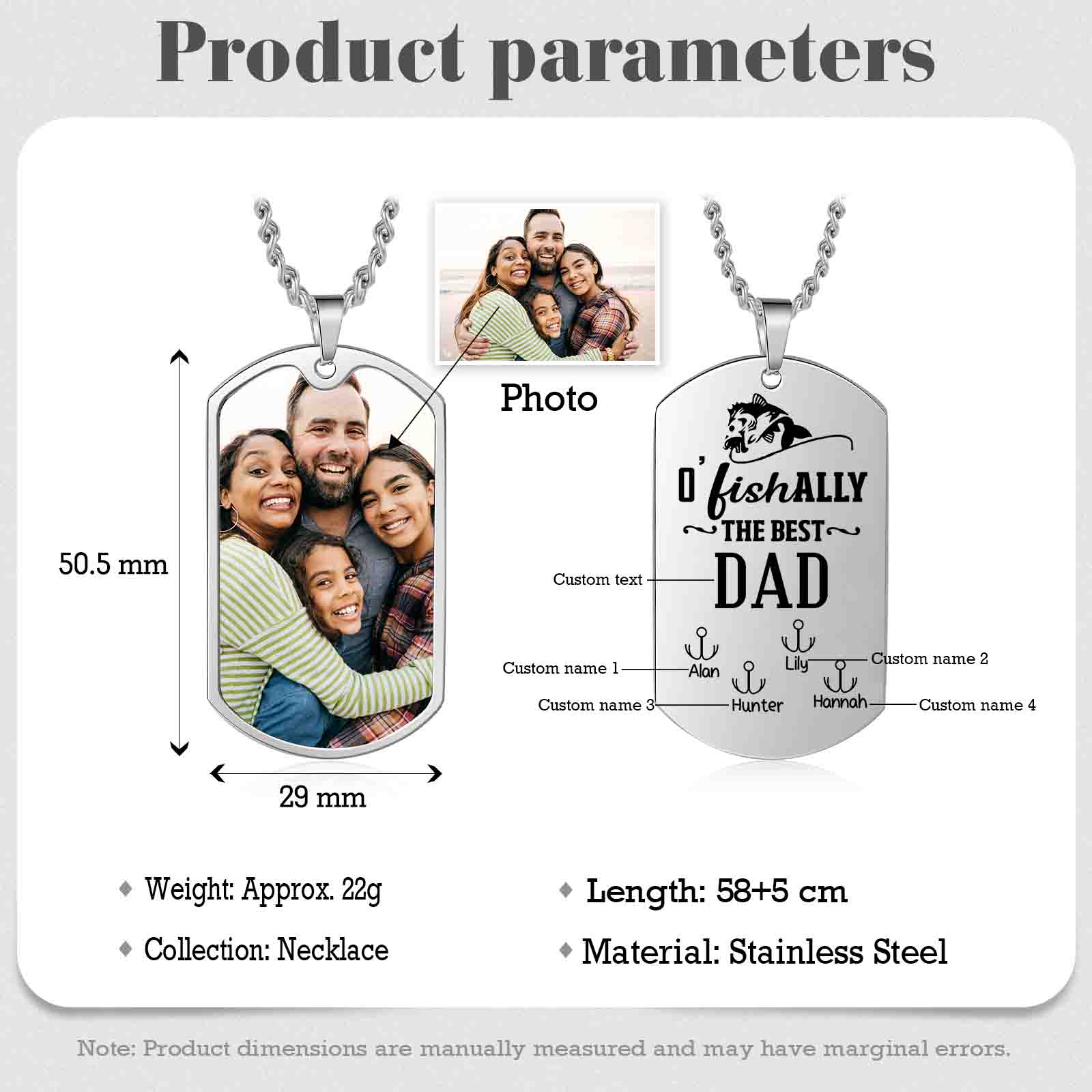 O'Fishally The Best Dad Necklace Custom Photo Dog Tag Necklace with 4 Fishing Hooks