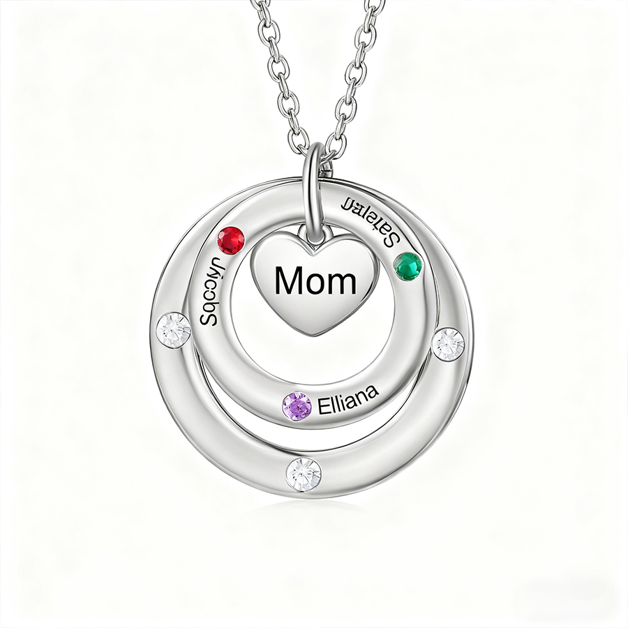 Personalized Women's Birthstone Necklace with 3 Names & 3 Birthstones & 1 Text Design Gift for Her | Lorajewel