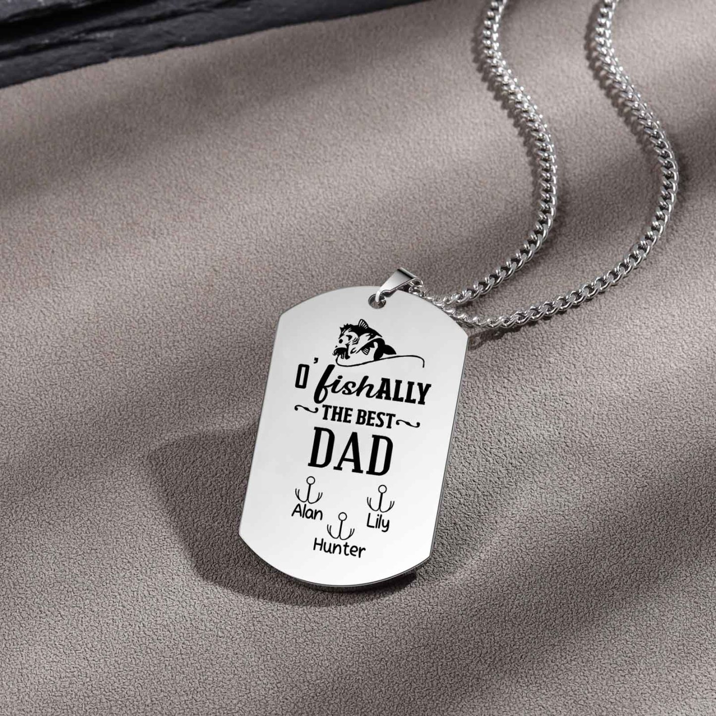 O'Fishally The Best Dad Necklace Custom Photo Dog Tag Necklace with 3 Fishing Hooks