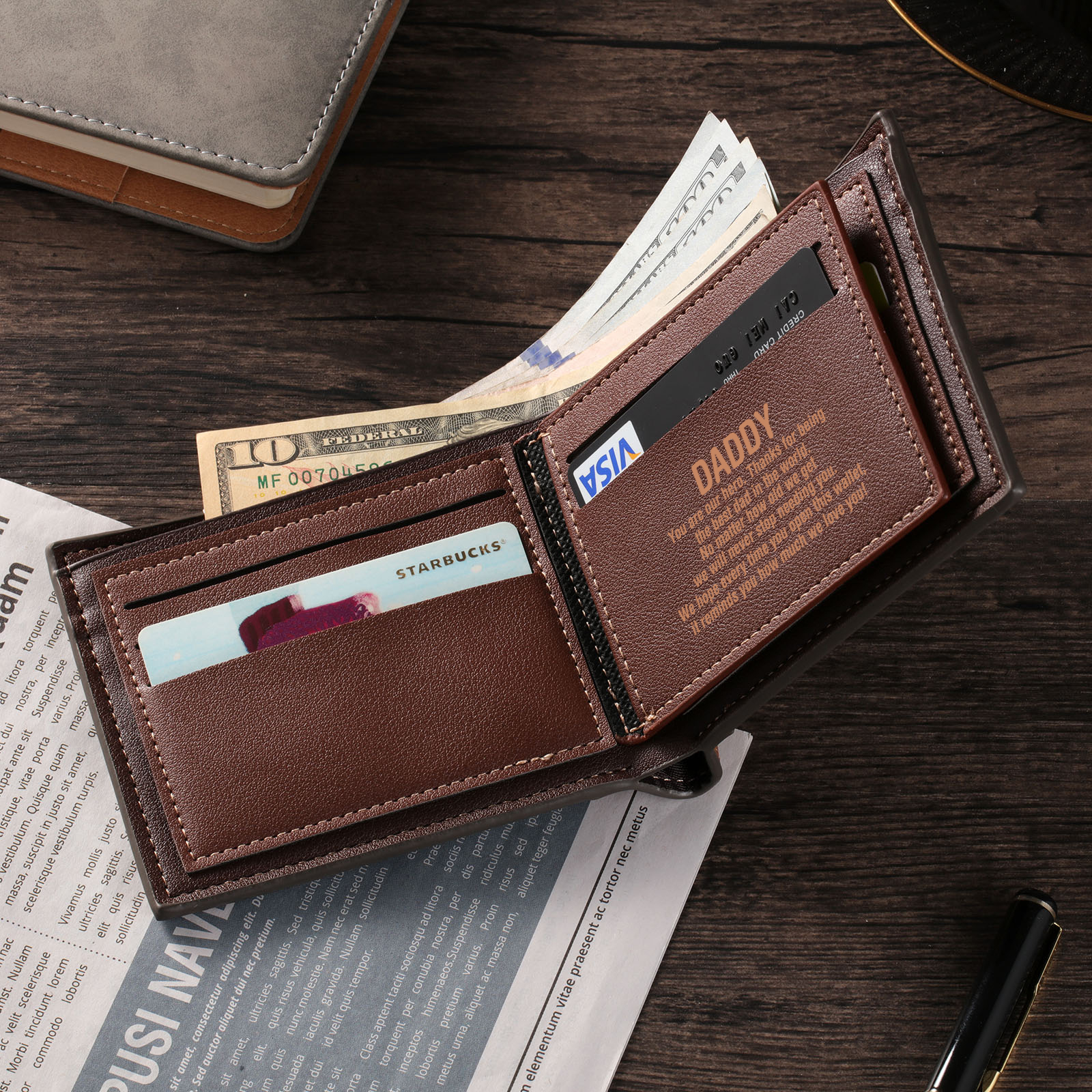 Personalized Men's Leather Wallet Custom 2–9 Names Billfold Wallet Fist Bump Gift for Dad - The Man, The Myth, The Legend