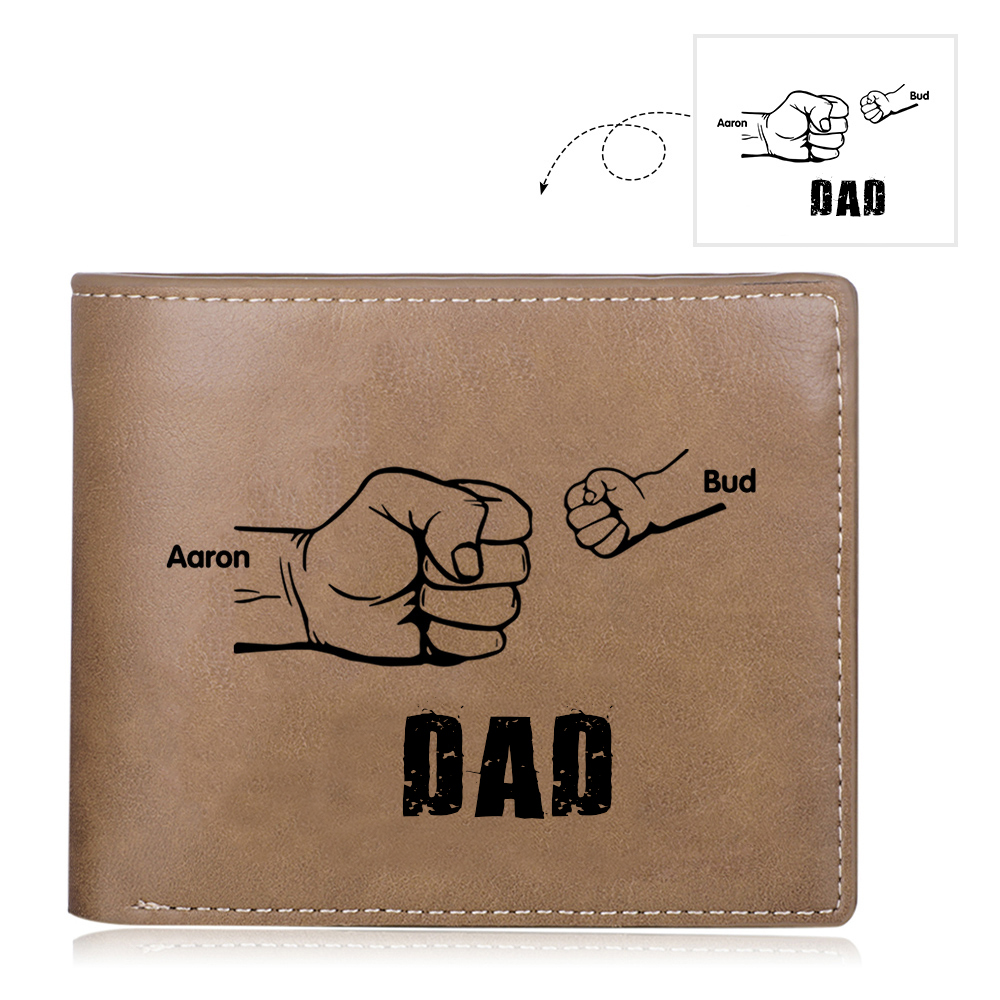 Personalized 2 Names Men Leather Wallet Handcrafted in the USA-Custom Photo & Name Folding Wallet Fist Bump Wallet Gift for Dad