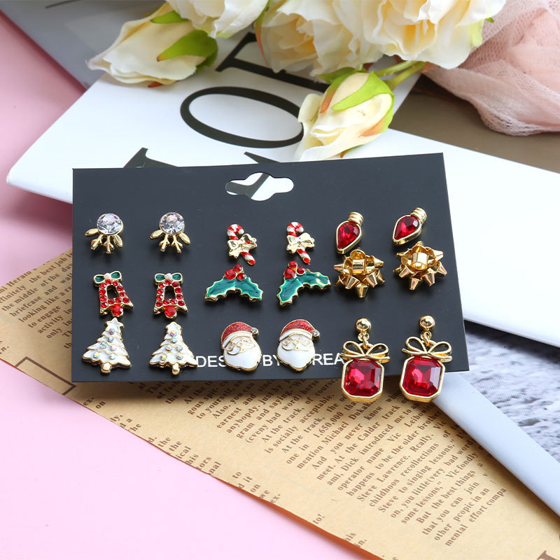 Christmas Holiday Themed 12-Pair Stud Earring Set Festive Accessories for Women & Girls