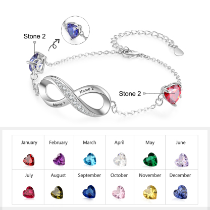 Personalized Infinity Bracelet with 2 Heart Birthstones Bracelet for Mom