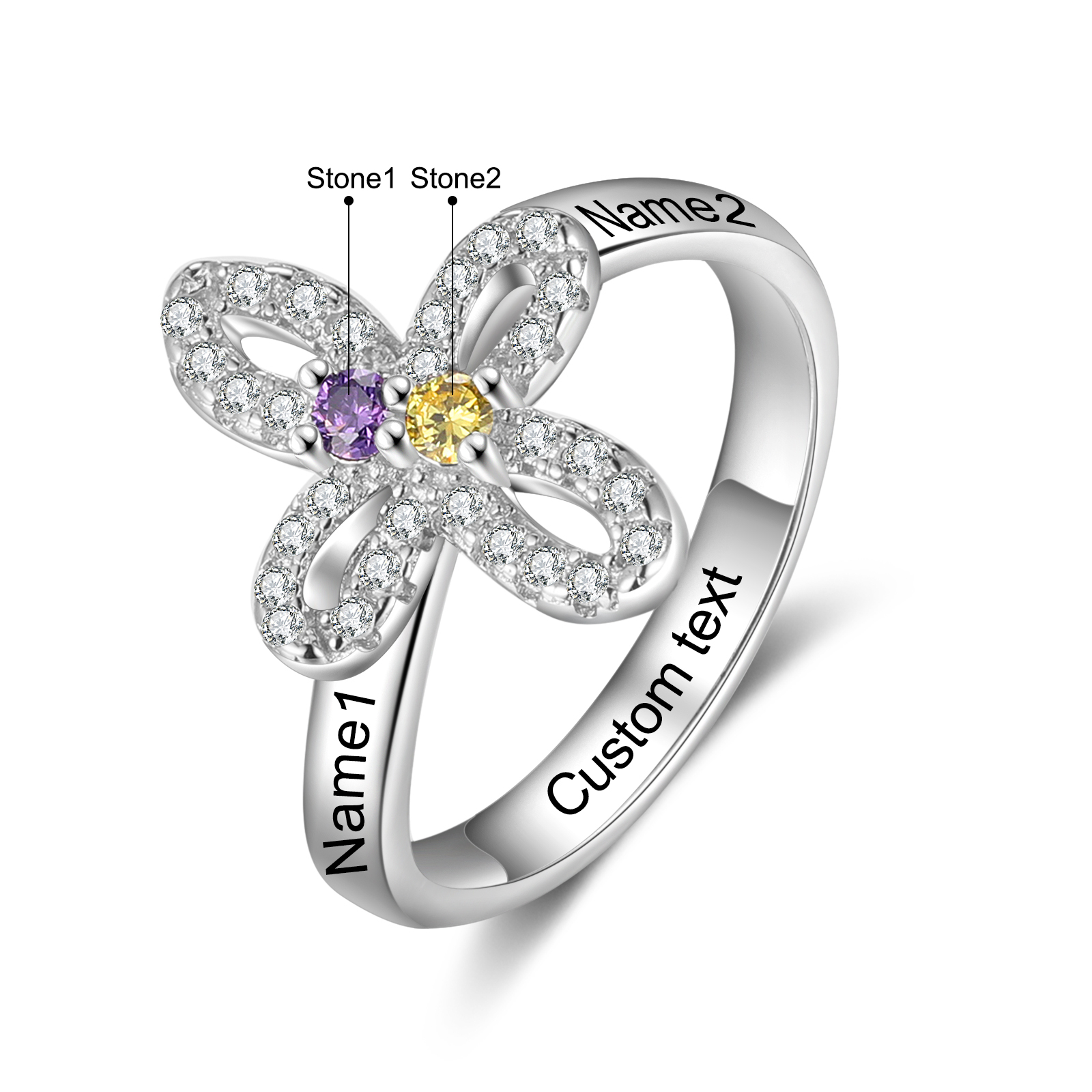 Custom Four-Leaf Ring Custom Name and Birthstone Ring