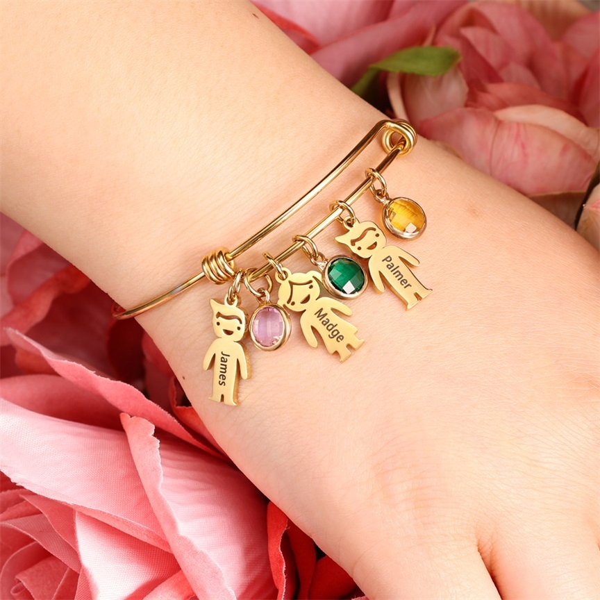 Bangle Bracelet with Kids Charms 2 Birthstone Engraved 2 Names Rose Box Set