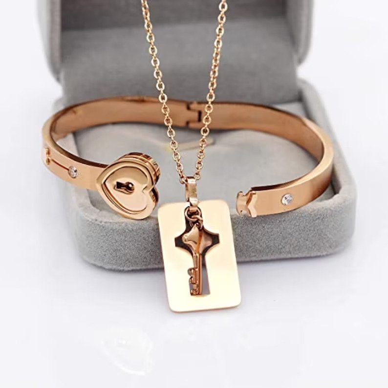 Key to My Heart Couple Key Necklace and Love Lock Bracelet Set