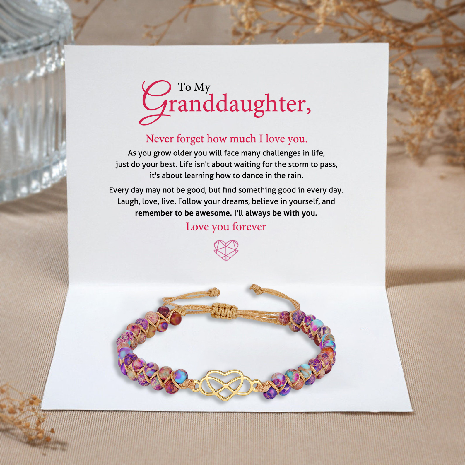To My Granddaughter Infinity Heart Bracelet with Message Card Adjustable Bracelet Gift for Her - Never Forget How Much I Love You