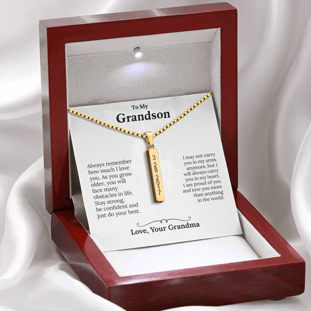 To My Grandson Vertical Bar Necklace Personalized 4 Side 3D Bar Necklace for Grandson