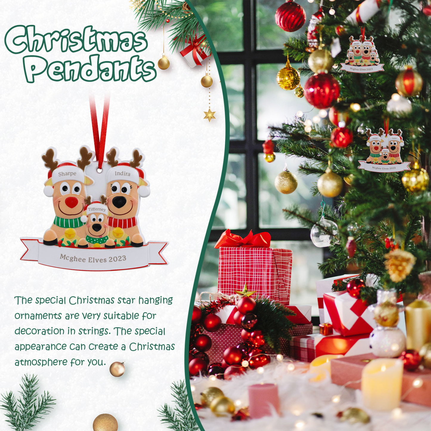 Personalized 3 Names & Text Reindeer Christmas Ornament Resin Christmas Tree Pendant for Family 