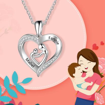 Mother and Child Heart Necklace Engraved with 2 Names Love Necklace Sterling Silver