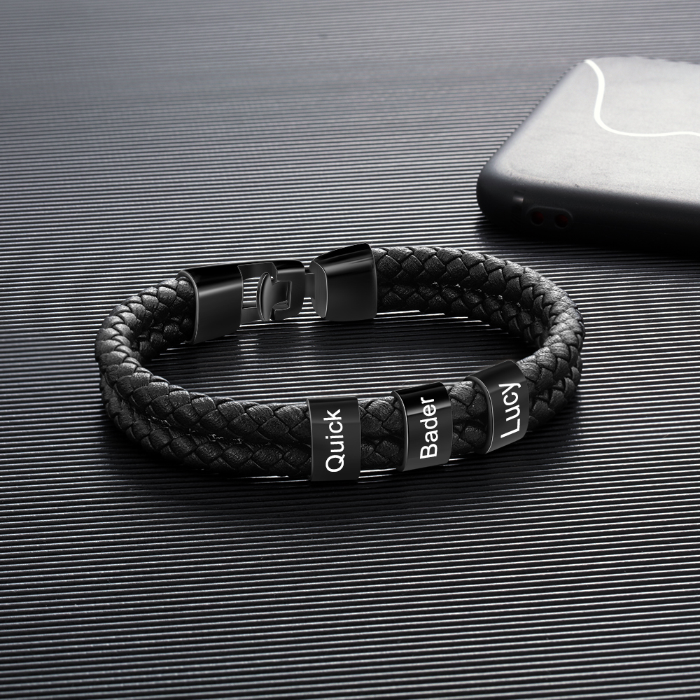 3 Names -Personalized Braided Leather Bracelet Engraved Men's Bracelet for Him