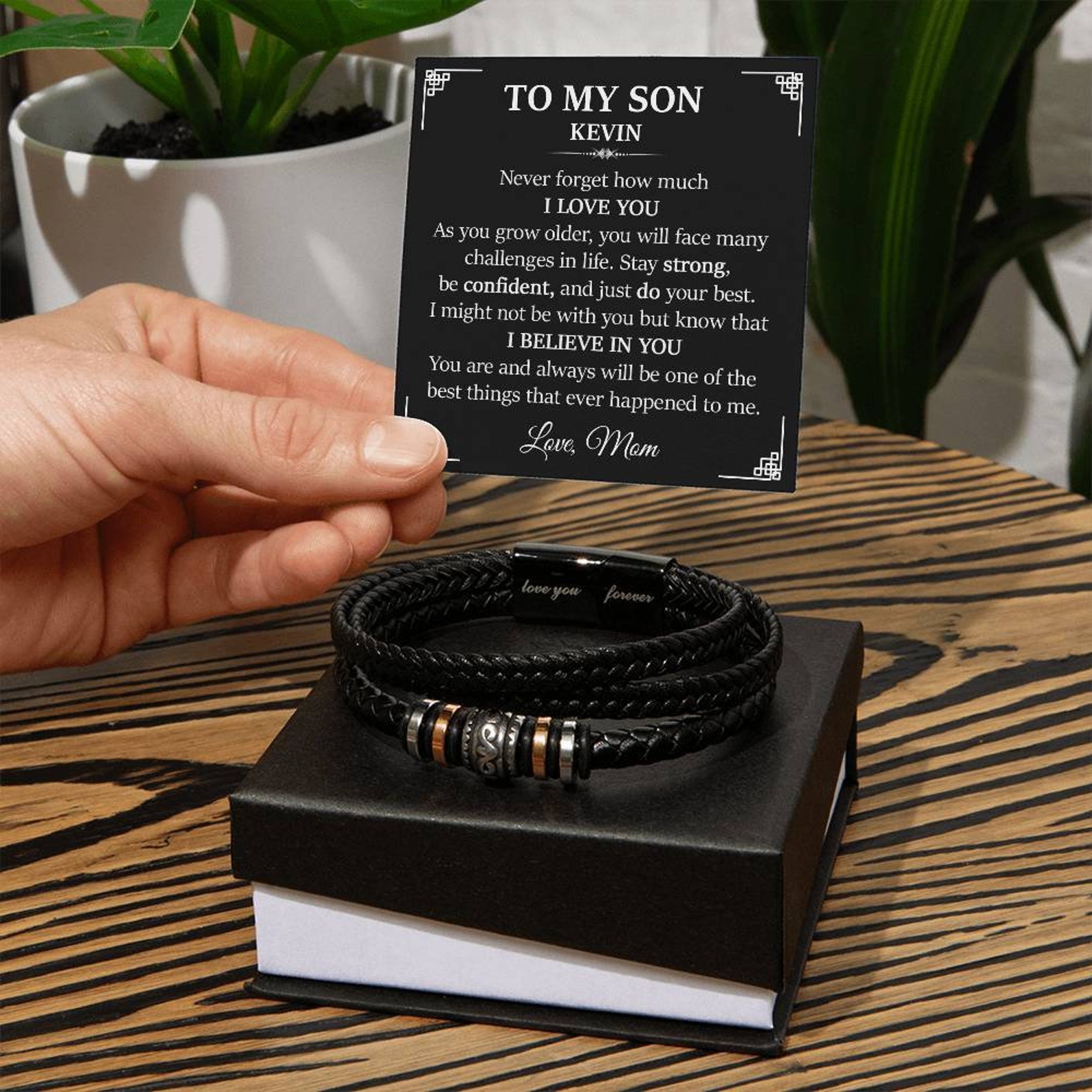 To My Son Bracelet Personalized Name Message Card Braided Leather Bracelet Mom to Son Gift - Never Forget How Much I Love You-Lorajewel