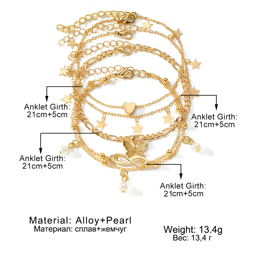 5 Layered Gold Anklet Set with Charms  Stars Butterfly Heart Anklets