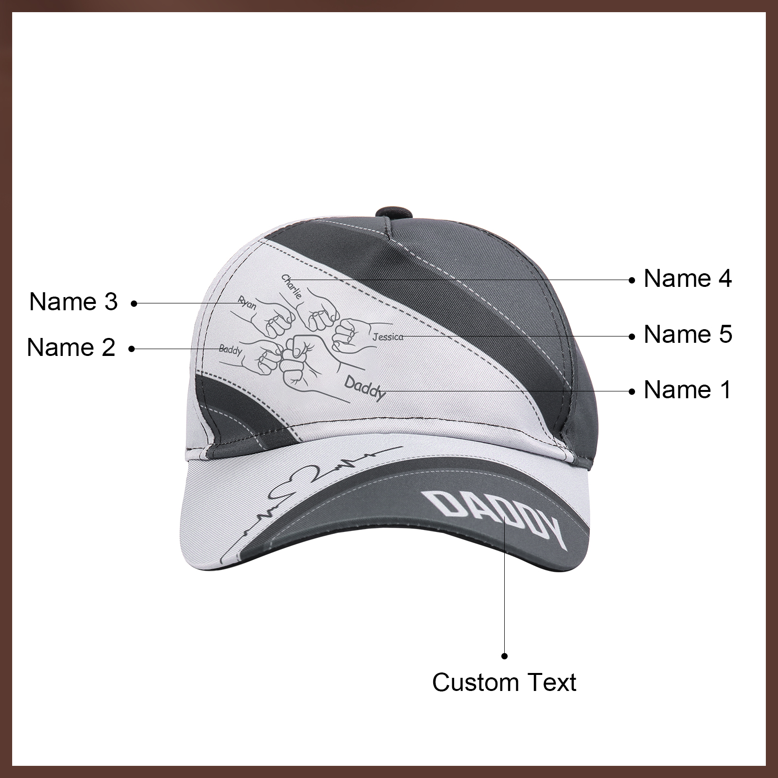 Personalized Fist Bump Classical Baseball Cap Custom 5 Names & 1 Text Snapback Adjustable Gift for Dad/Grandpa/Husband
