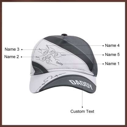 Personalized Fist Bump Classical Baseball Cap Custom 5 Names & 1 Text Snapback Adjustable Gift for Dad/Grandpa/Husband