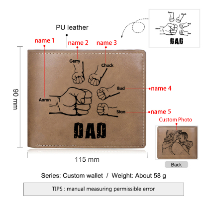 Personalized 5 Names Men Leather Wallet Handcrafted in the USA-Custom Photo & Name Folding Wallet Fist Bump Wallet Gift for Dad
