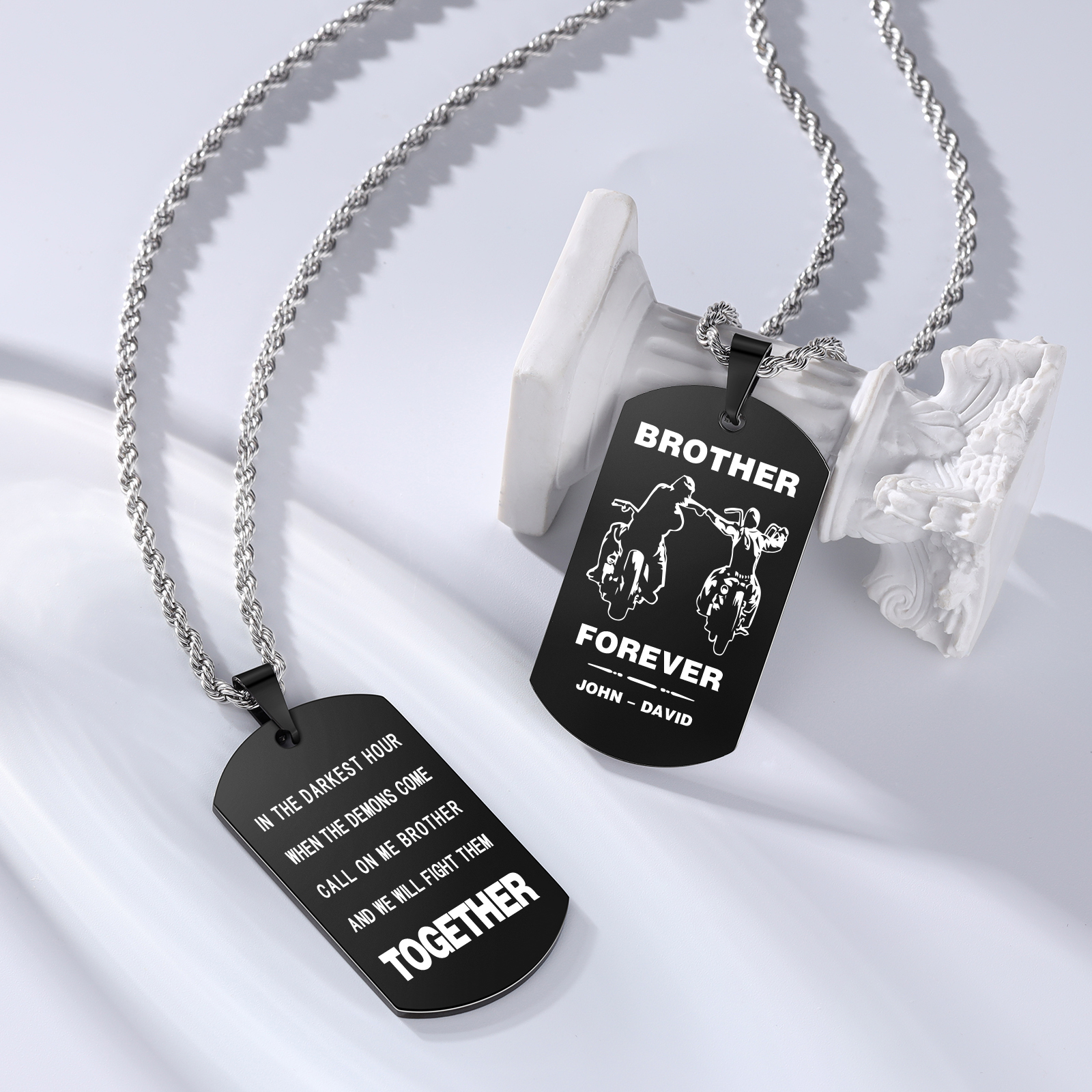 Brother Forever Dog Tag Necklace Personalized Black Double-sided Necklace Customized 2 Names Biker Necklace Gift to Brother