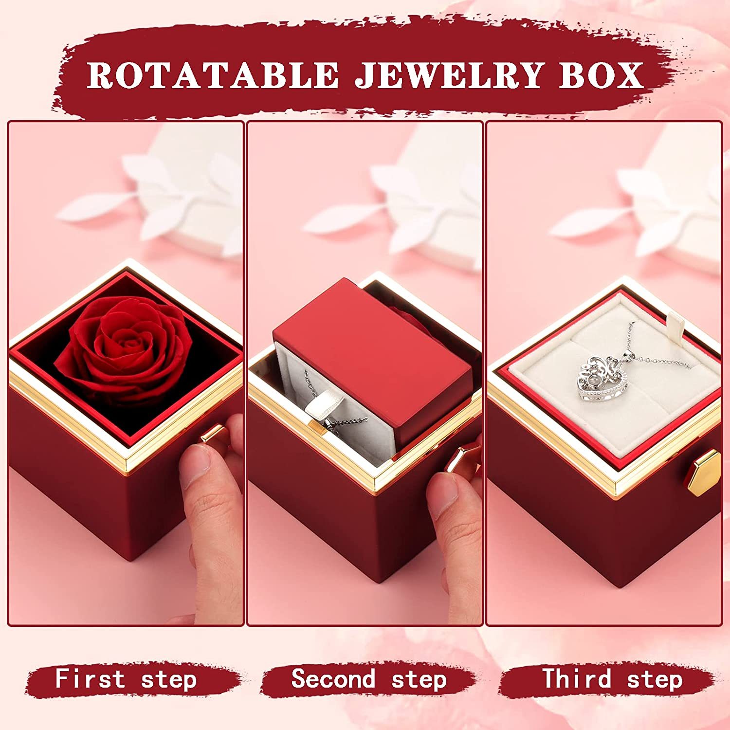 Rotatable Jewelry Box Enchanted Rose Jewelry Gift Package Red