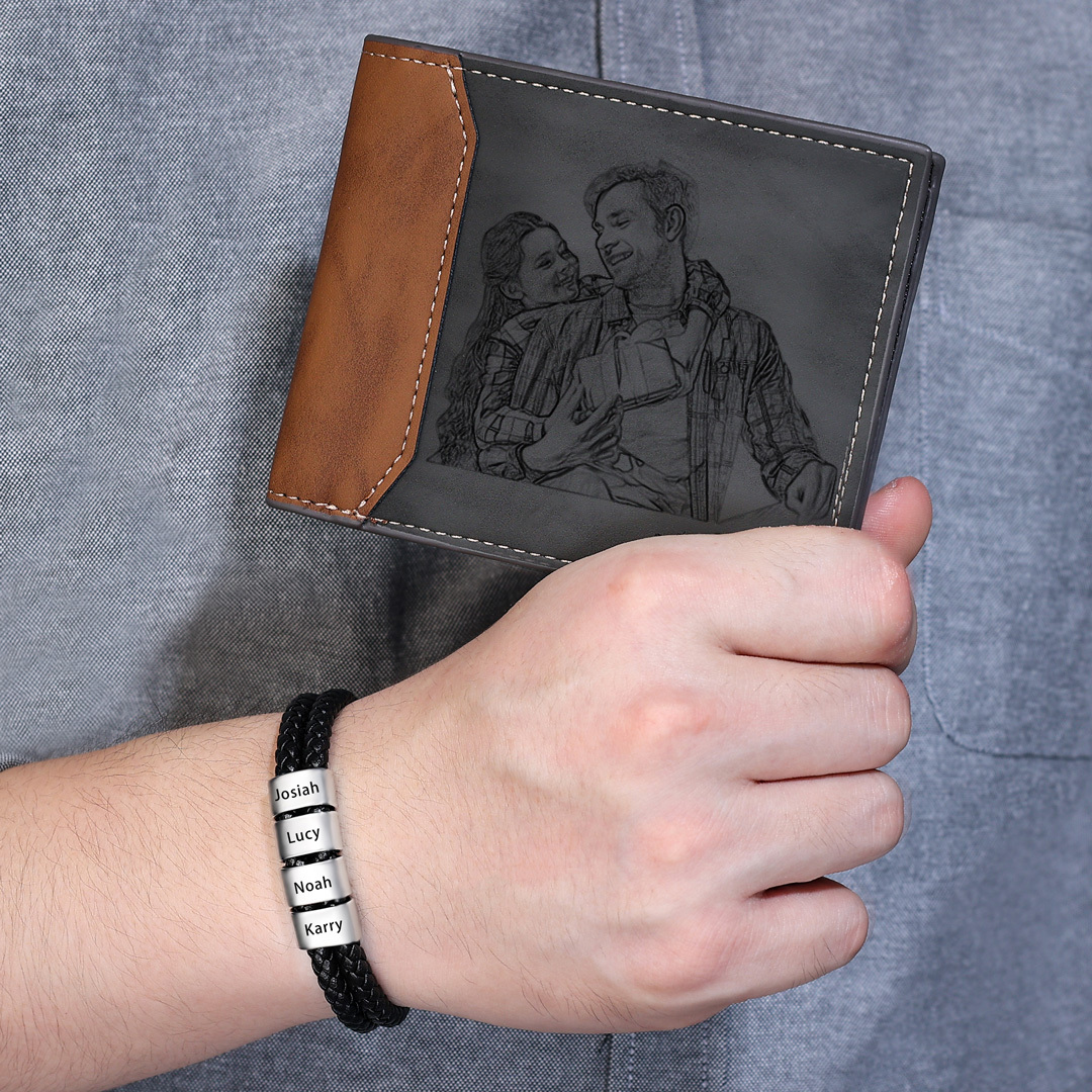 Personalized 1 Photo & 1 Letter & 5 Names Gift Set Custom Wallet & Bracelet Gift Box Set Christmas Gifts