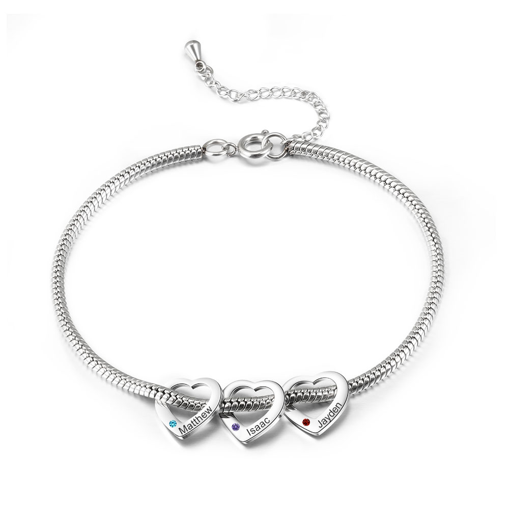 Custom Anklet Engraved 3 Names and Birthstones Heart Shaped Charm Personalized Bracelet for Women
