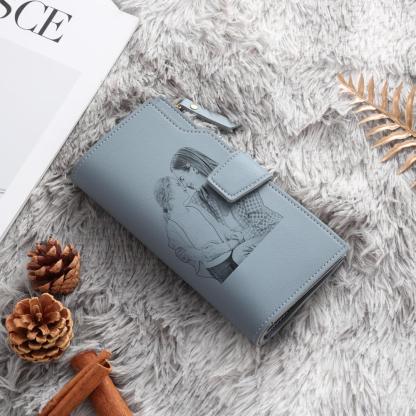 Women Long Style Photo Wallets Custom Inscription Photo Engraved Wallet Blue Grey