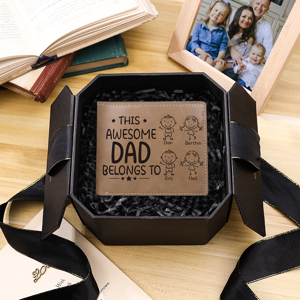 1 Photo & 4 Names Personalized Wallet Handcrafted in the USA-Custom Men's Leather Folding Wallet "This Awesome Dad Belongs To" Father's Day Gifts
