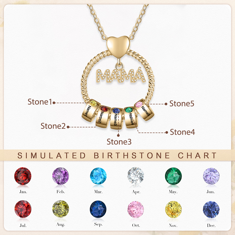 Collar con colgante de "MAMÁ" con 5 nombres Y 5 piedras de nacimiento personalizados | Jessemade