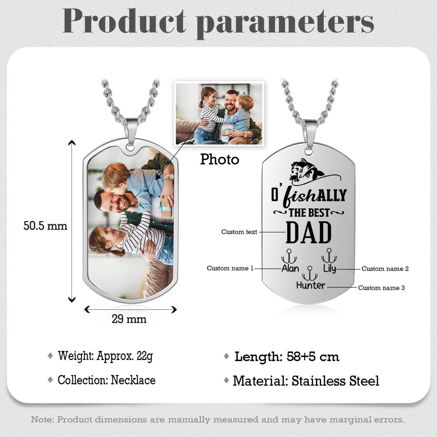 O'Fishally The Best Dad Necklace Custom Photo Dog Tag Necklace with 3 Fishing Hooks