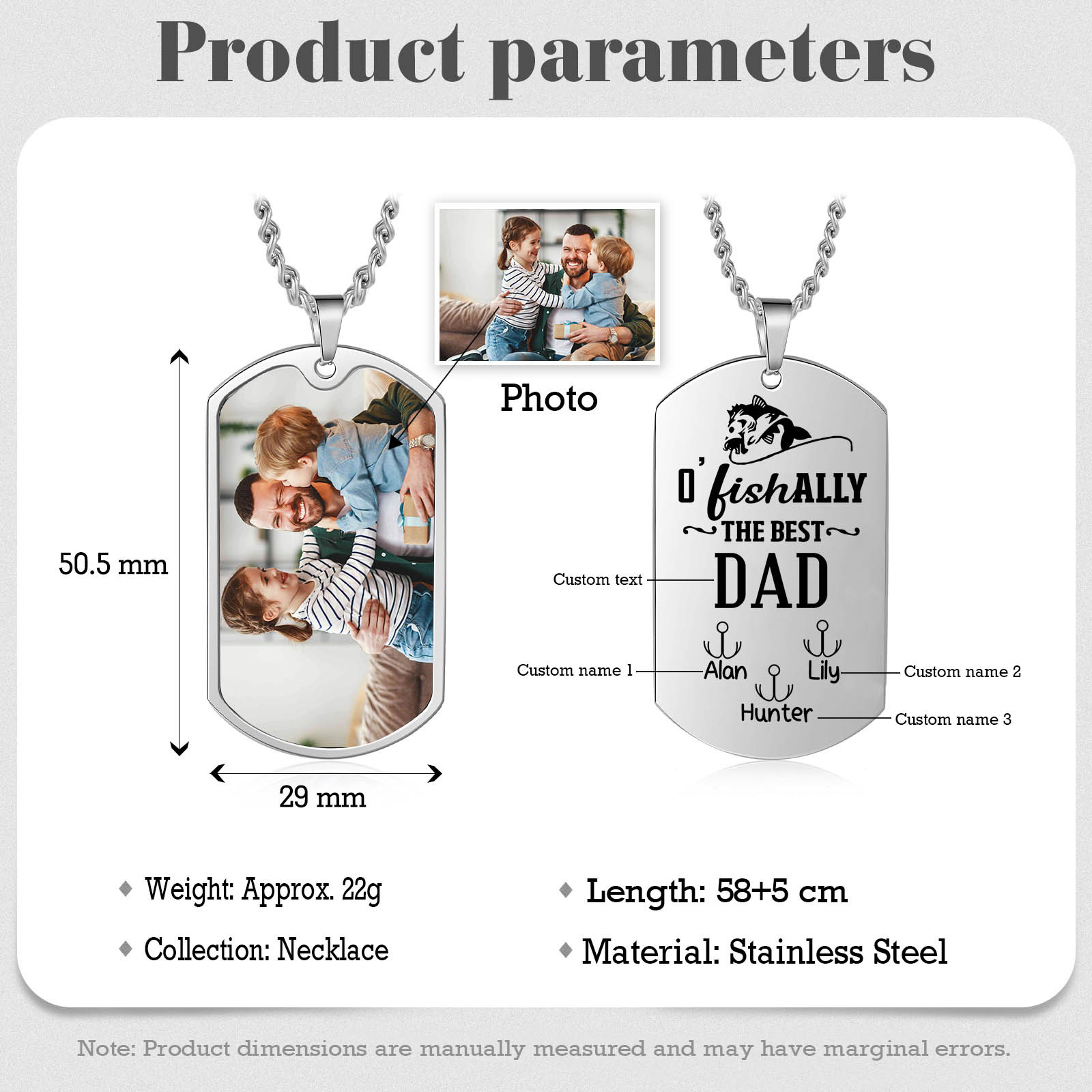 O'Fishally The Best Dad Necklace Custom Photo Dog Tag Necklace with 3 Fishing Hooks