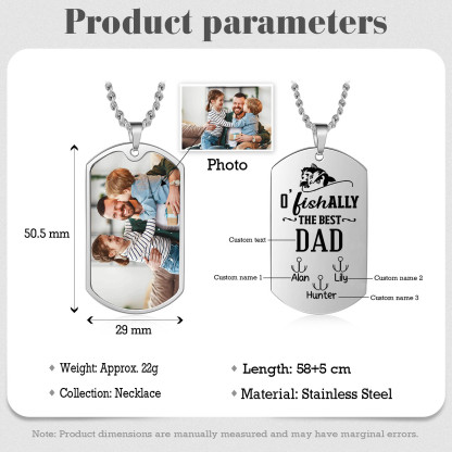 O'Fishally The Best Dad Necklace Custom Photo Dog Tag Necklace with 3 Fishing Hooks